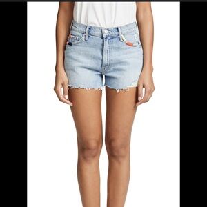 MOTHER Light Wash Denim Jean Shorts with Frayed Hem